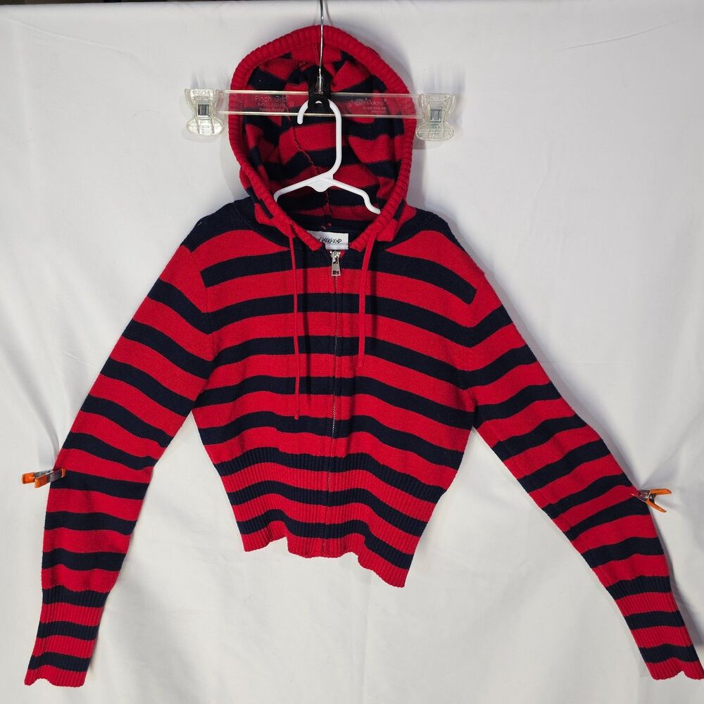 Urban Weekend Striped Zip Up Knit Hooded Cardigan Red Navy Grunge Size L